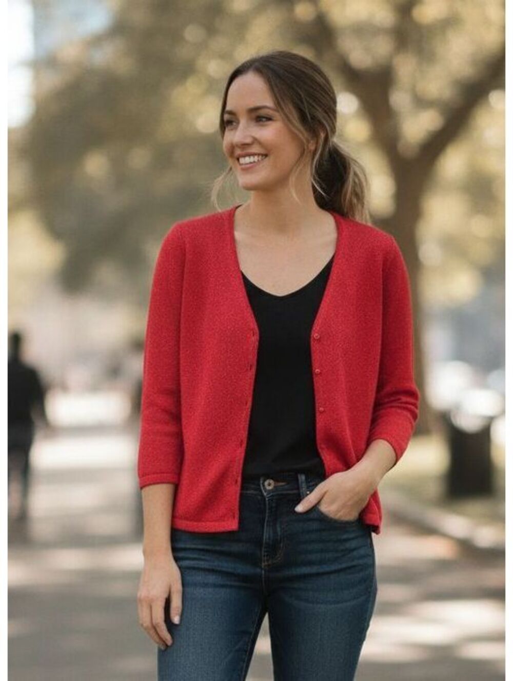 Tanjay Red Cardigan Size Medium M V Neck Button Front Long Sleeve